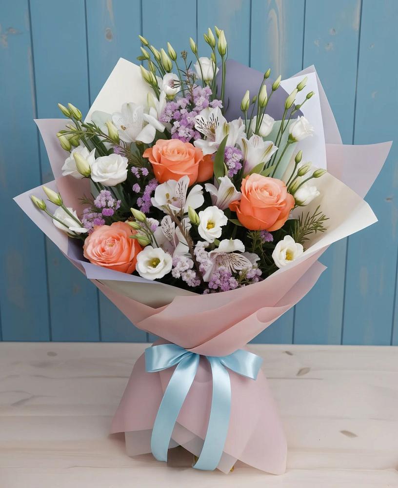 Букет цветов из: Лизиантусы, Розы, Альстромерии и Гипсофила в Комсомольском Республика Дагестан