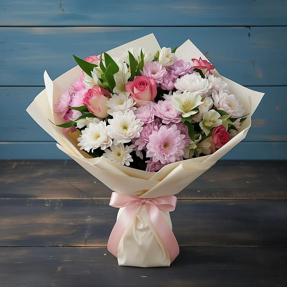 Букет цветов из: Хризантемы, Альстромерии и Розы в Комсомольском Республика Дагестан